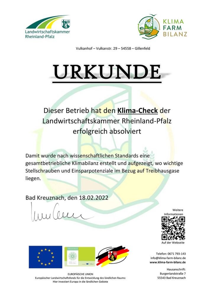 Urkunde KLIMA-FARM-BILANZ Klima-Check Landwirschaftskammer Rheinland-Pfalz